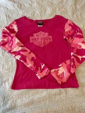 Harley-Davidson Hot Pink Long Sleeve Tee with Pink Camo Sleeves